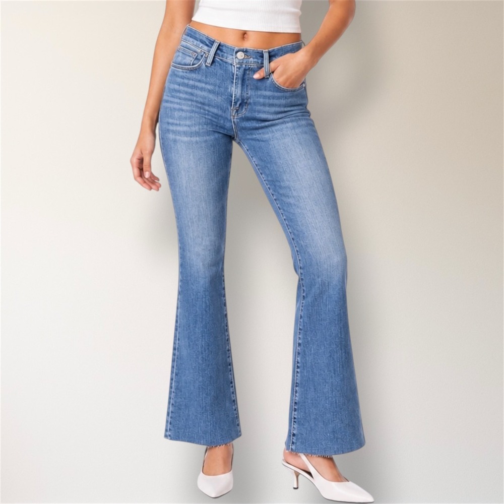 Frame 32 Le Easy Flare Jeans Blue Drizzle High Rise Stretch Raw Hem Denim Retro